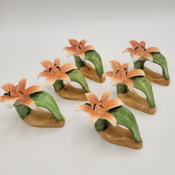 Pia Bone China LILY Napkin Rings Vintage 1986 Set of 6 Floral Flowers - Picture 1 of 12